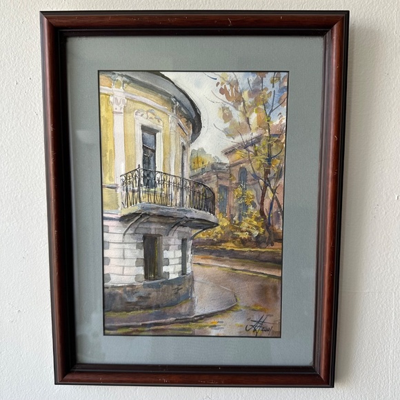 Watercolor Original Painting 2001 Cityscape Old House Signed Framed 15 x 12 in